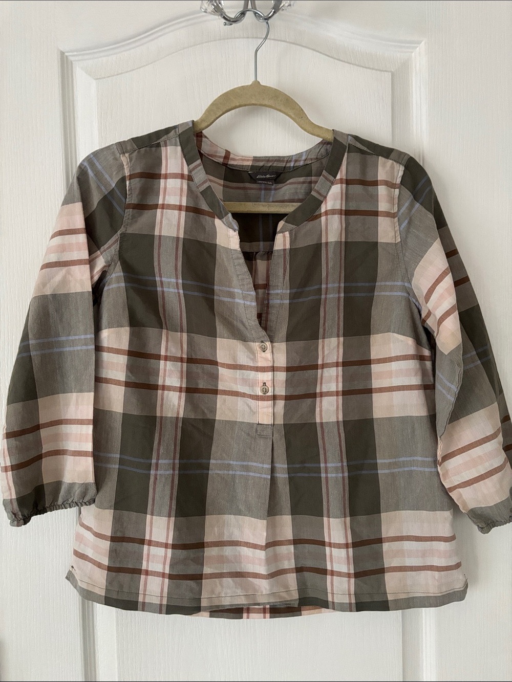 Women’s XS Eddie Bauer Olive Green and Cream Plaid Tunic Blouse